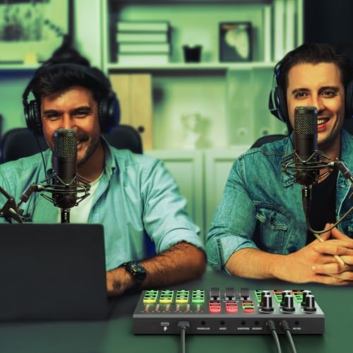 Hayner-Seek Podcast Equipment Bundle for 2, All-Metal Audio Interface DJ Mixer with Podcast Microphone,Voice Change,48V for Podcast, Streaming, TikTok, YouTube, PC, Smartphone (V1) - Image 2
