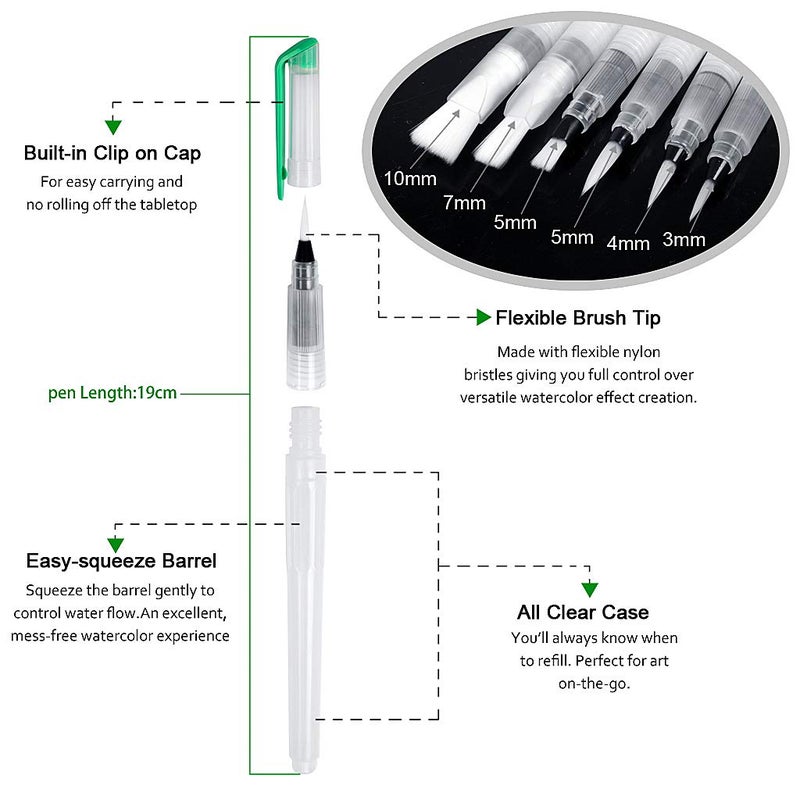 Kunya® Water Brush Pens Watercolor Brushes 6 Pcs Set with Different Size Tips Water Reservoir Pen for Watercolour Painting Oil Acrylic Painting and Calligraphy - Image 2