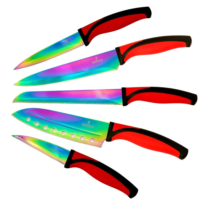 SiliSlick Kitchen Knife Set Rainbow Titanium Coated Stainless Steel Ergonomic Red Handle Chef Santoku Paring Utility Bread Knives Protective Covers 14 x 45 5Piece