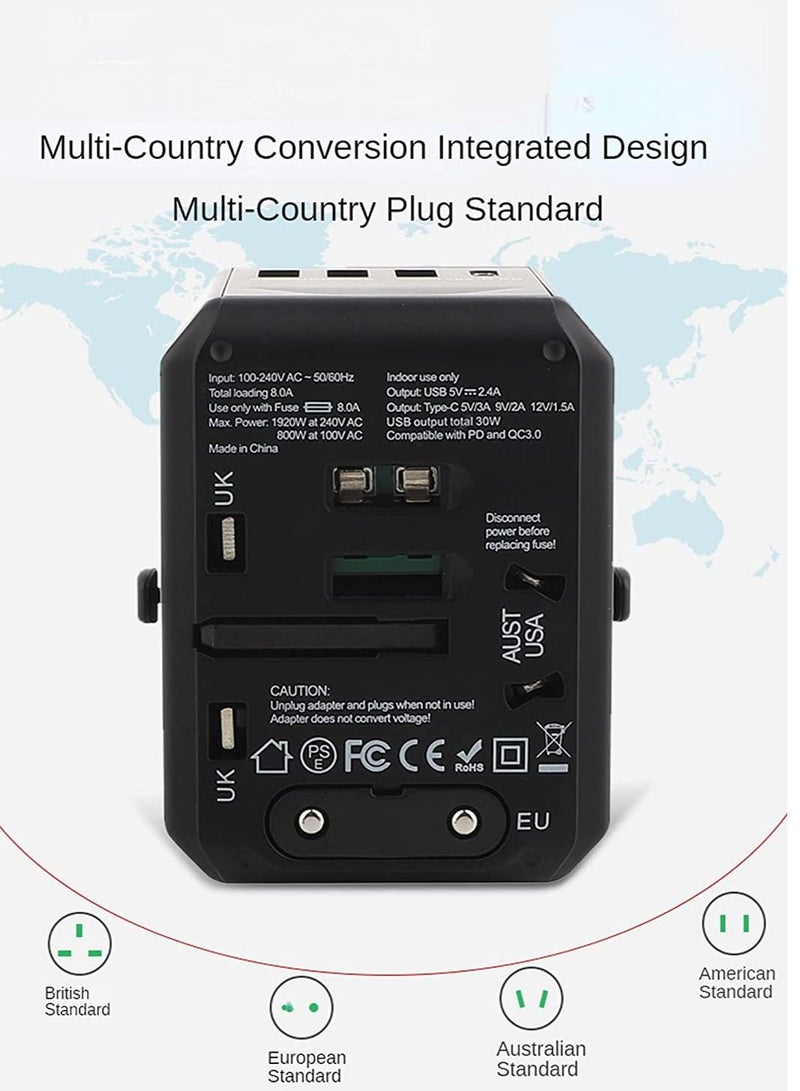 Multi-Function Power Adapter for Travel, International Power Conversion Connector, 3Type-A & 1Type-C,4USB Interface, Universal Standard in Uk, Usa, Australia and Europe, Etc (Black) - Image 3
