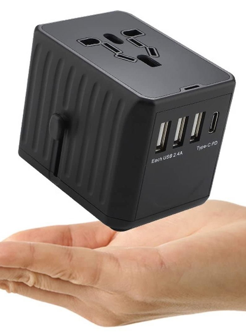 Multi-Function Power Adapter for Travel, International Power Conversion Connector, 3Type-A & 1Type-C,4USB Interface, Universal Standard in Uk, Usa, Australia and Europe, Etc (Black) - Image 1