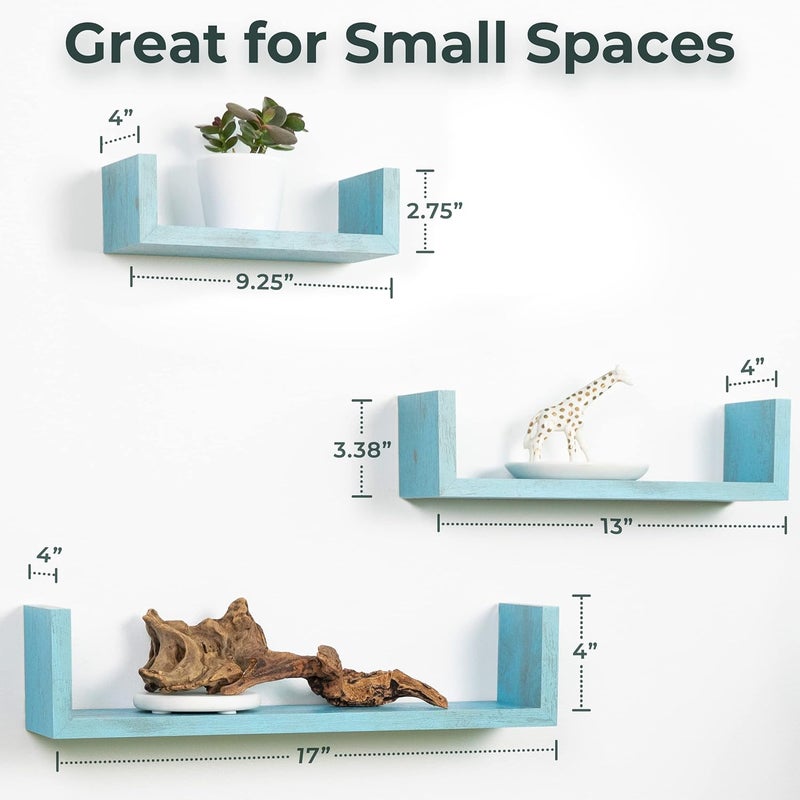 Greenco Set of 3 Floating “U” Shelves, Easy-to-Assemble Floating Wall Mount Shelves for Bedrooms and Living Rooms, Rustic Blue Finish - Image 3