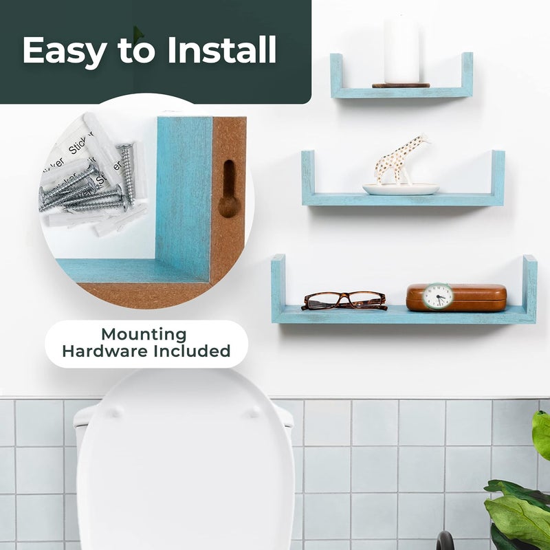 Greenco Set of 3 Floating “U” Shelves, Easy-to-Assemble Floating Wall Mount Shelves for Bedrooms and Living Rooms, Rustic Blue Finish - Image 5