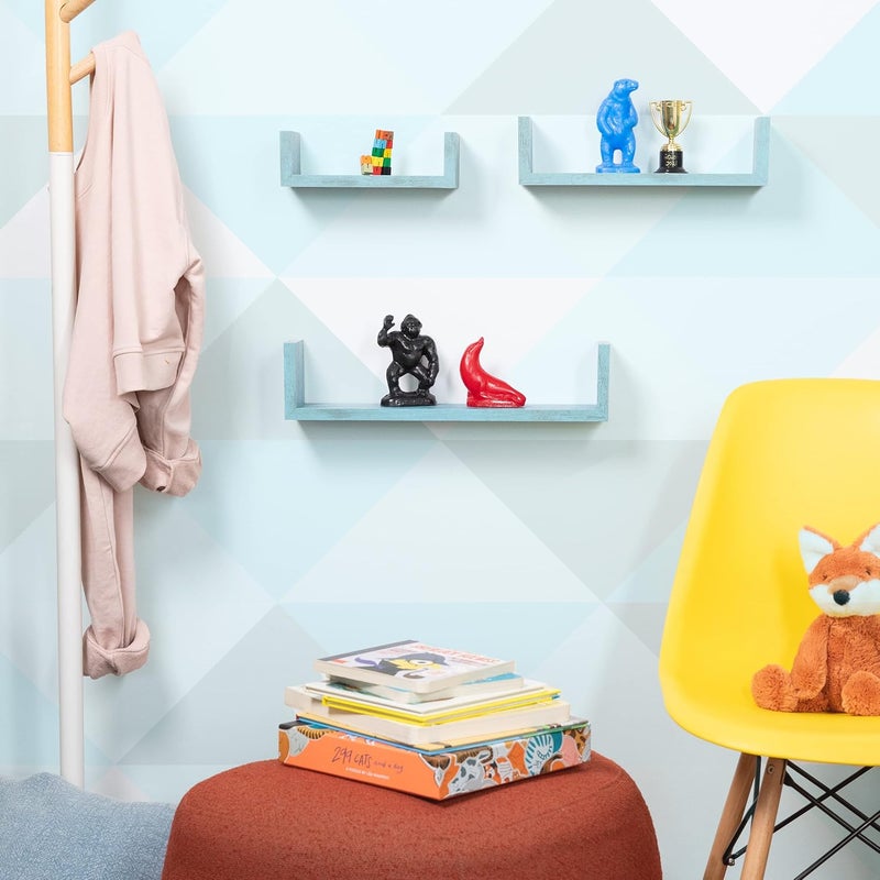 Greenco Set of 3 Floating “U” Shelves, Easy-to-Assemble Floating Wall Mount Shelves for Bedrooms and Living Rooms, Rustic Blue Finish - Image 2