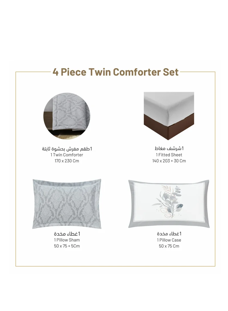 Donetella Designer 4-Pcs Woven Comforter Set Single Size Stylish Bedding Set Yarn Dyed fabric With Soft Silk Feather Filling, Grey