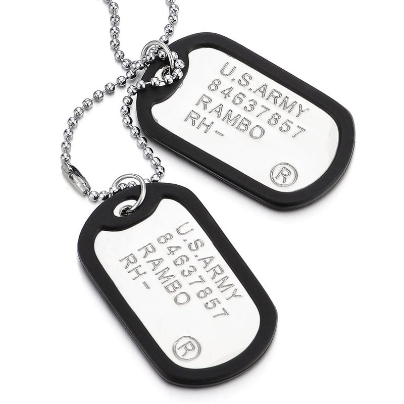 COOLSTEELANDBEYOND Two-Pieces Military Army Dog Tag with Black Silicone Mens Pendant Necklace, 28 inches Ball Chain - Image 1
