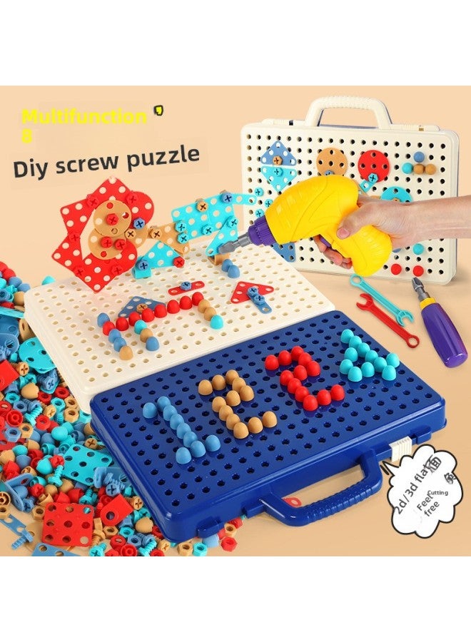 B Children's Early Education Electric Drill Screw Jigsaw Puzzle Building Blocks 3D Three-dimensional Changeable Platter Screw Disassembly Toy Mushroom Nail Hot-Color:8005 Electric Tool Box Blue [256pcs]-Specifications:Default  - Image 4
