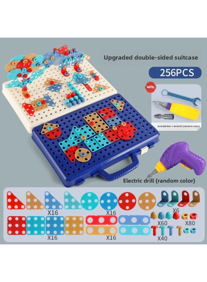 B Children's Early Education Electric Drill Screw Jigsaw Puzzle Building Blocks 3D Three-dimensional Changeable Platter Screw Disassembly Toy Mushroom Nail Hot-Color:8005 Electric Tool Box Blue [256pcs]-Specifications:Default  - Image 1
