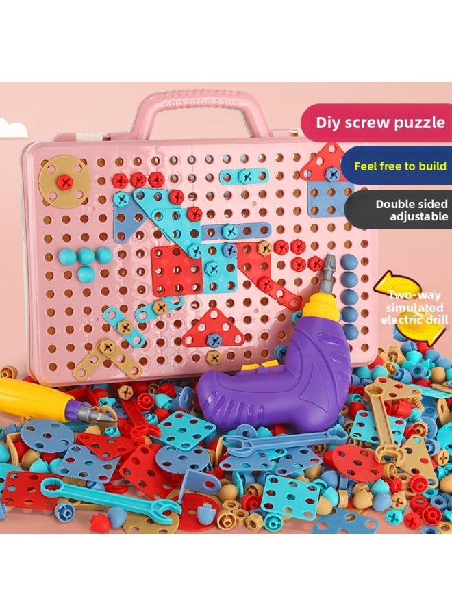 B Children's Early Education Electric Drill Screw Jigsaw Puzzle Building Blocks 3D Three-dimensional Changeable Platter Screw Disassembly Toy Mushroom Nail Hot-Color:8005 Electric Tool Box Blue [256pcs]-Specifications:Default  - Image 2