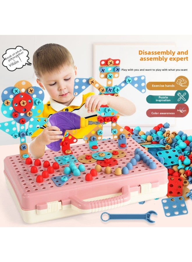 B Children's Early Education Electric Drill Screw Jigsaw Puzzle Building Blocks 3D Three-dimensional Changeable Platter Screw Disassembly Toy Mushroom Nail Hot-Color:8005 Electric Tool Box Blue [256pcs]-Specifications:Default  - Image 5