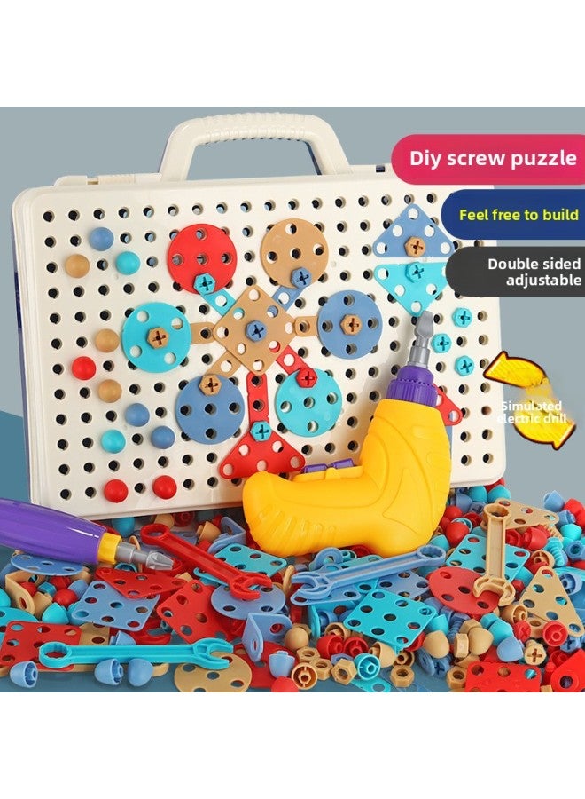 B Children's Early Education Electric Drill Screw Jigsaw Puzzle Building Blocks 3D Three-dimensional Changeable Platter Screw Disassembly Toy Mushroom Nail Hot-Color:8005 Electric Tool Box Blue [256pcs]-Specifications:Default  - Image 3