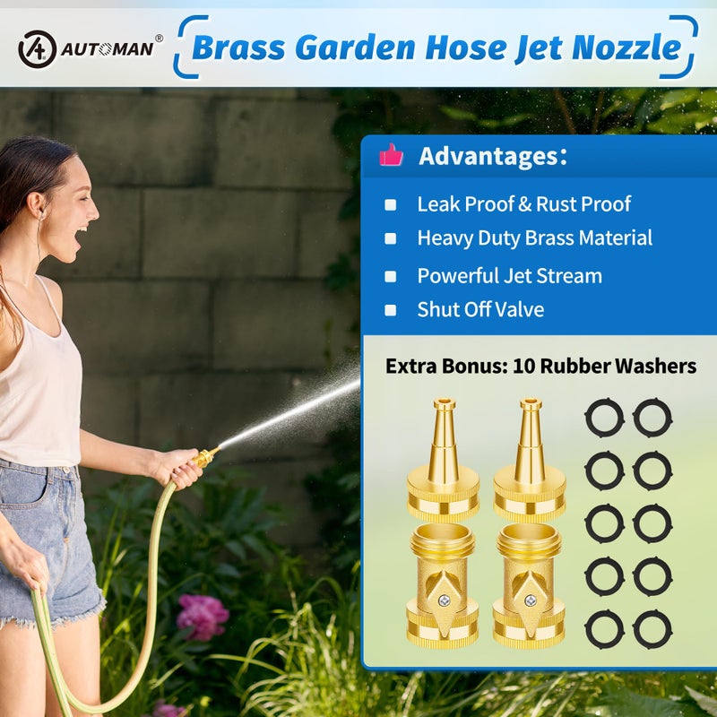 AUTOMAN Brass Hose Nozzle - High Pressure Jet Nozzle 4 Count (2 Set), Heavy Duty Water Hose Sprayer Sweeper with Hose Shutoff Valve, 3/4â€ GHT Nozzles for Garden Hose, Car Wash, Extra 10 Rubber Washers - Image 5