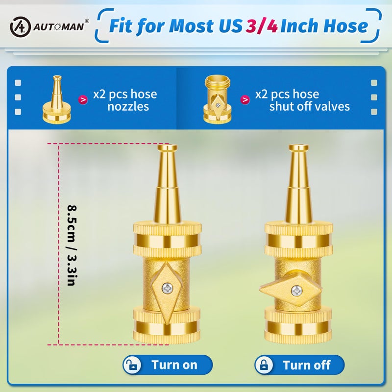 AUTOMAN Brass Hose Nozzle - High Pressure Jet Nozzle 4 Count (2 Set), Heavy Duty Water Hose Sprayer Sweeper with Hose Shutoff Valve, 3/4â€ GHT Nozzles for Garden Hose, Car Wash, Extra 10 Rubber Washers - Image 2