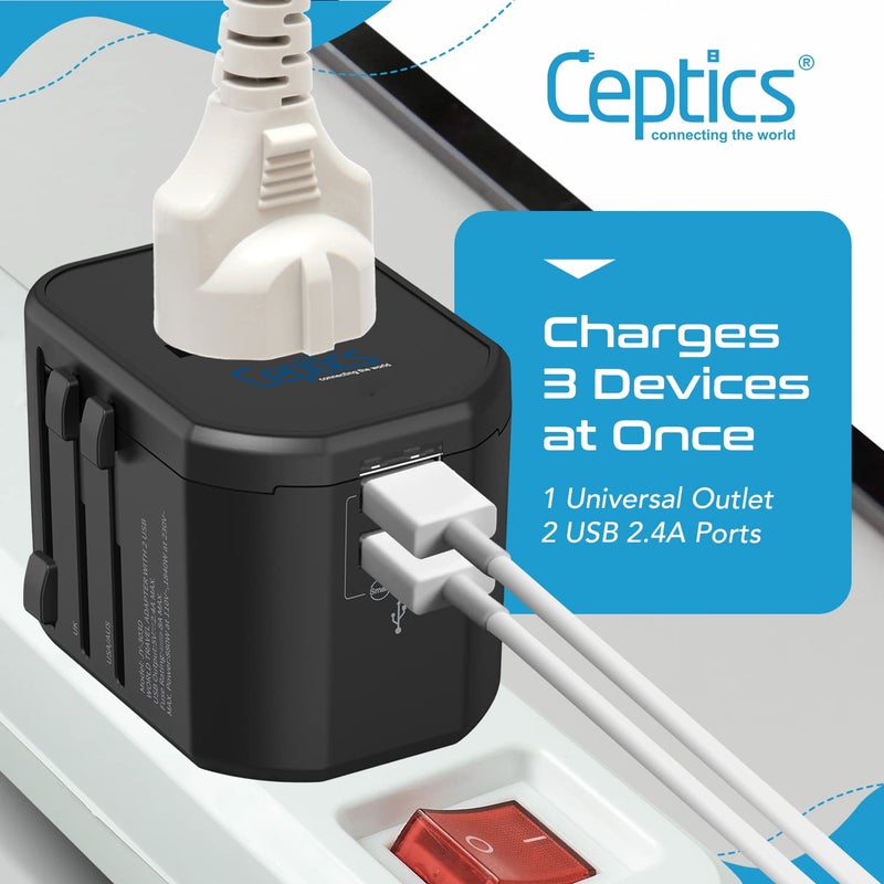 Ceptics Universal Travel Adapter - 3 in 1 Worldwide Travel Adapter, Universal Plug Socket and 2 x USB, with 2.4A, International Travel Adapter - Image 4