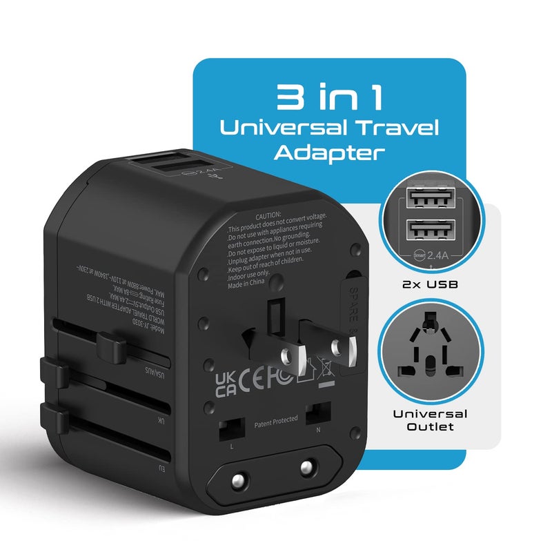 Ceptics Universal Travel Adapter - 3 in 1 Worldwide Travel Adapter, Universal Plug Socket and 2 x USB, with 2.4A, International Travel Adapter - Image 2