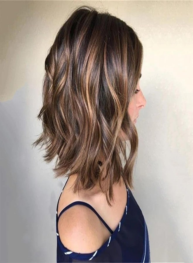 ten chopsticks 2/4/27 Highlight Ombre Short Wavy Human Hair Wigs Lace Front Wig Brown And Honey Blonde Mixed Colored Wig Human Hair For Woman 150% Density Short Bob Natural Wavy Glueless Wigs 150% Density - Image 3