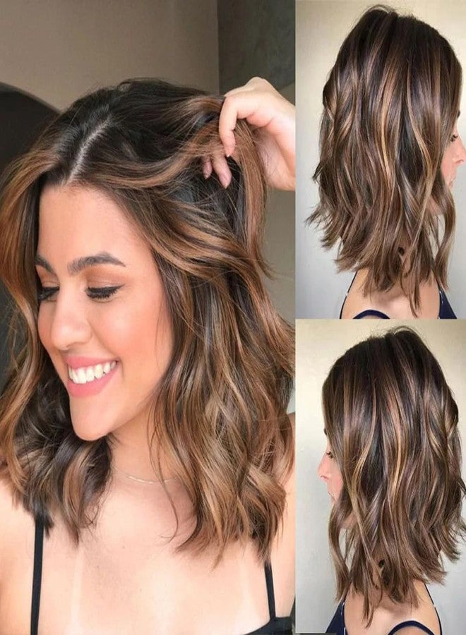 ten chopsticks 2/4/27 Highlight Ombre Short Wavy Human Hair Wigs Lace Front Wig Brown And Honey Blonde Mixed Colored Wig Human Hair For Woman 150% Density Short Bob Natural Wavy Glueless Wigs 150% Density - Image 4