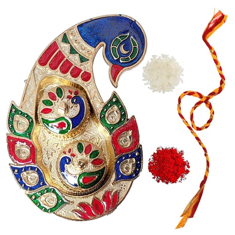 Generic Trisha Arts Dancing Peacock Meenakari Bhai Dooj Thali with Mauli Tilak for Bhai Dooj Rakhi Diwali Pooja  - Image 1