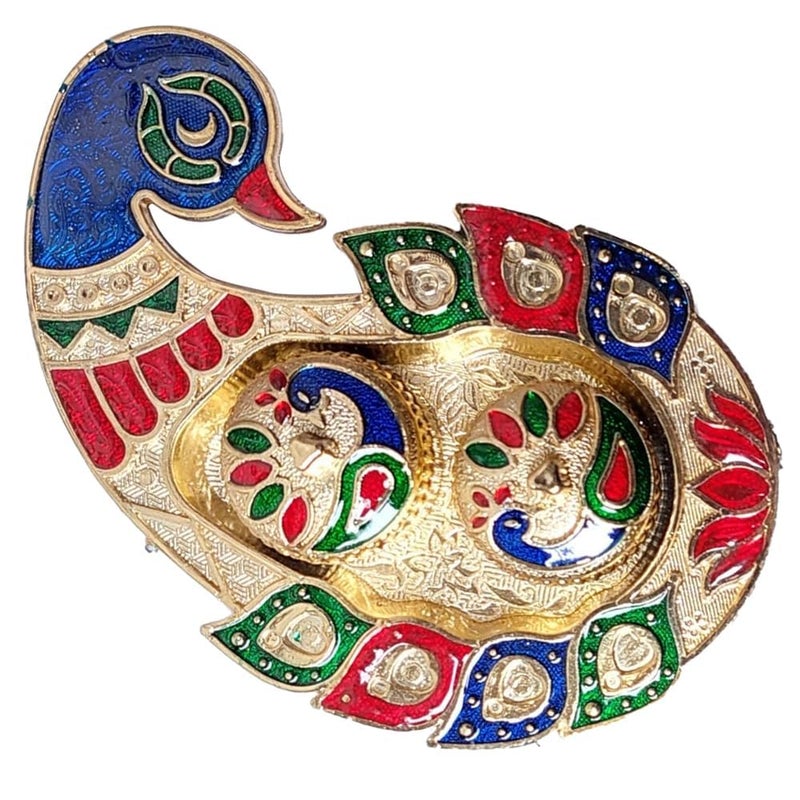 Generic Trisha Arts Dancing Peacock Meenakari Bhai Dooj Thali with Mauli Tilak for Bhai Dooj Rakhi Diwali Pooja  - Image 3