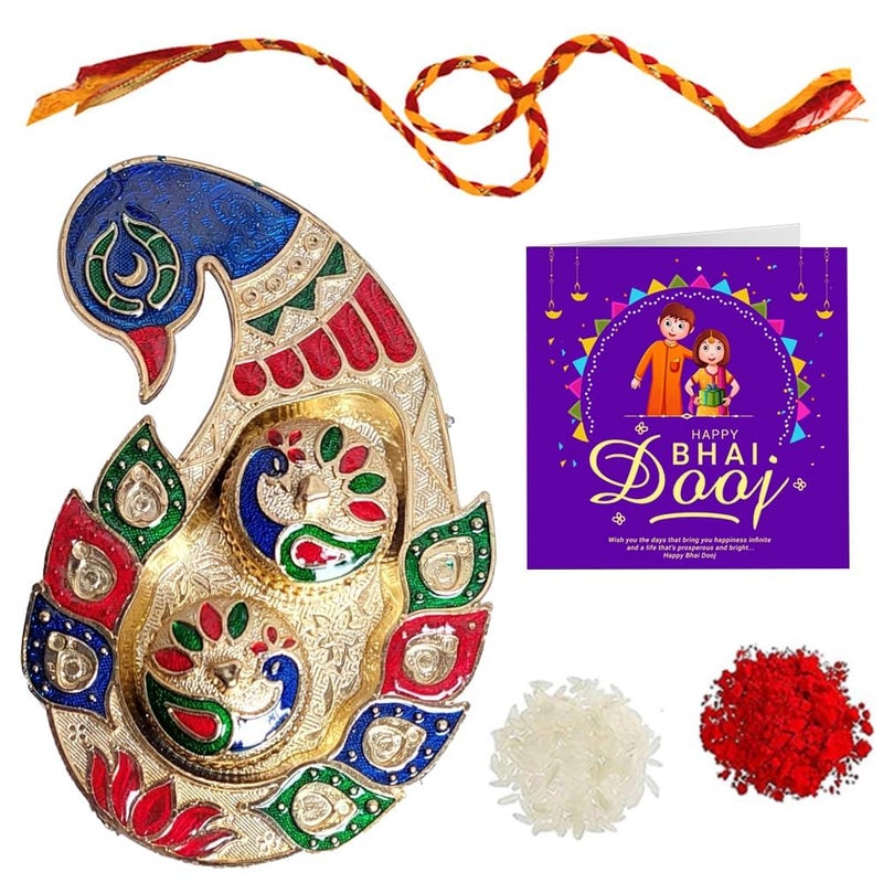 Generic Trisha Arts Dancing Peacock Meenakari Bhai Dooj Thali with Mauli Tilak for Bhai Dooj Rakhi Diwali Pooja  - Image 2
