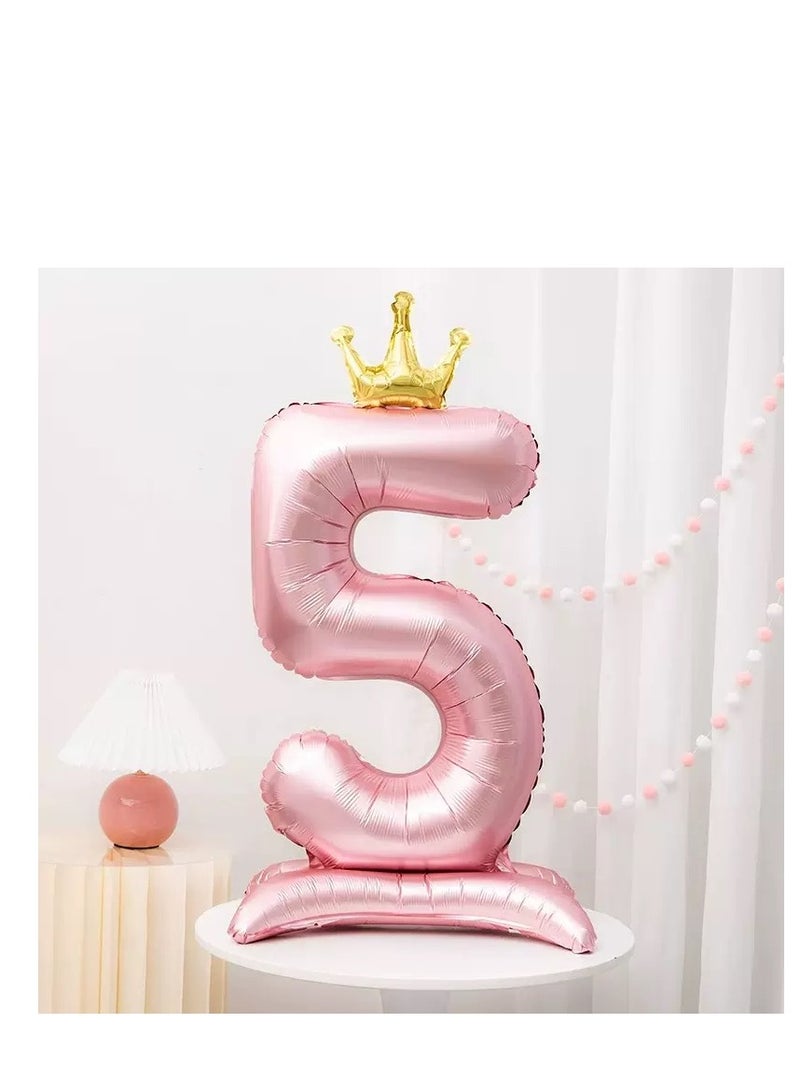 Large Pink No. 5 Balloon With Crown And Base Birthday Decoration Scene Arrangemen - Image 1