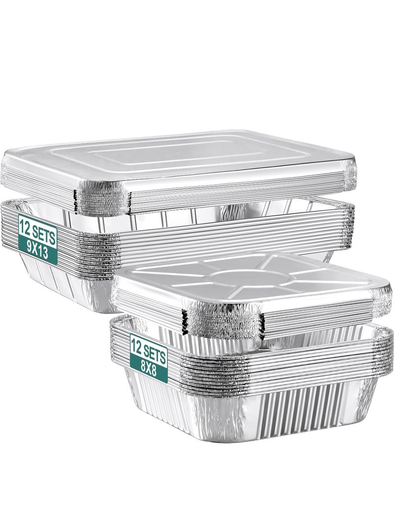 NEEBAKE 24 Pack Disposable Aluminum Pans with Lids Combo Set- 12 Large 9x13 Foil Pans Half Size & 12 Small 8x8 Tin Foil Baking Pans, Tin Trays Containers for Meal Prep, Food Cooking, Roasting, Heating - Image 1