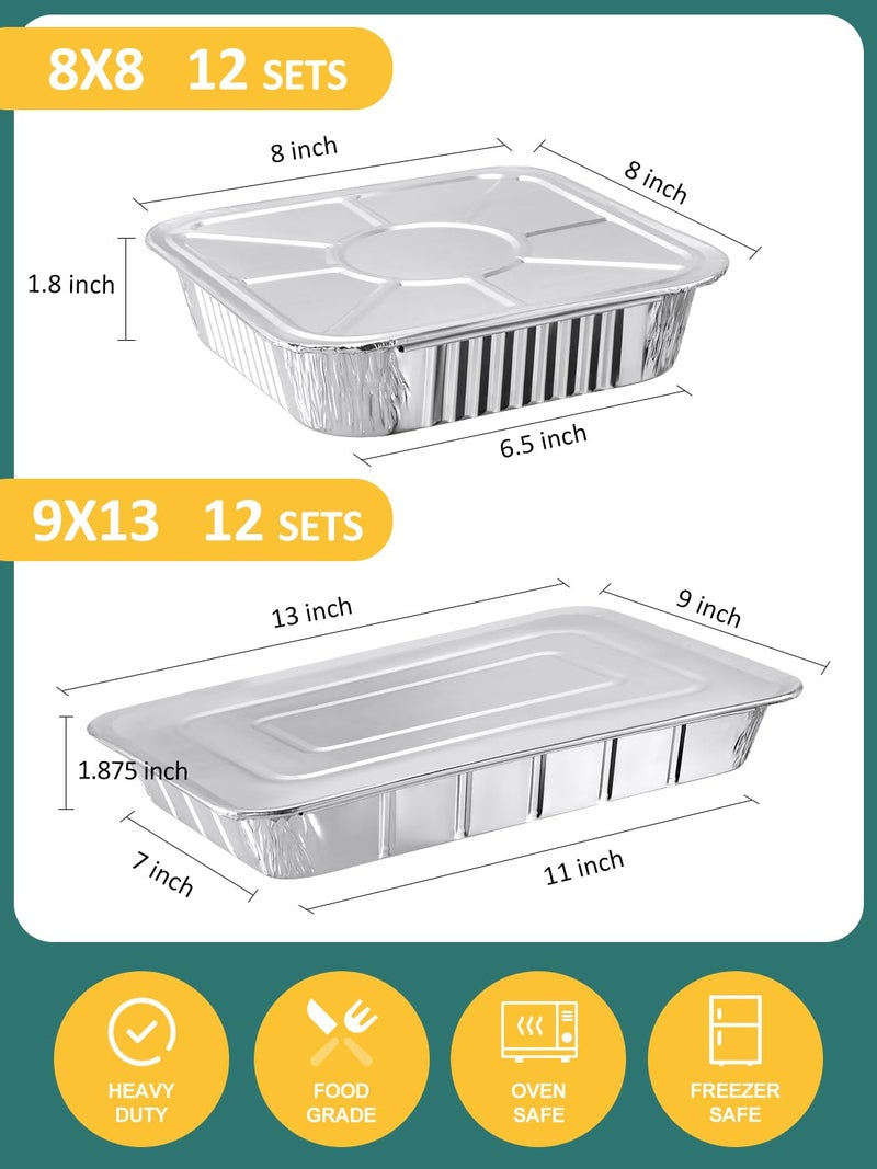 NEEBAKE 24 Pack Disposable Aluminum Pans with Lids Combo Set- 12 Large 9x13 Foil Pans Half Size & 12 Small 8x8 Tin Foil Baking Pans, Tin Trays Containers for Meal Prep, Food Cooking, Roasting, Heating - Image 2
