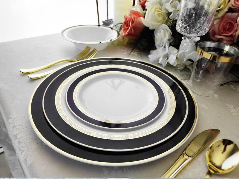 OCCASIONS FINEST PLA "" OCCASIONS "" 50 Plates Pack (25 Guests)-Heavyweight Wedding Party Disposable Plastic Plate Set -25 x 10.5'' Dinner + 25 x 7.5'' Salad/dessert plates (Ritz Black and Gold) - Image 3