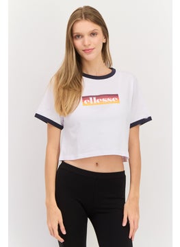 Women Round Neck Short Sleeve Brand Logo Top, White