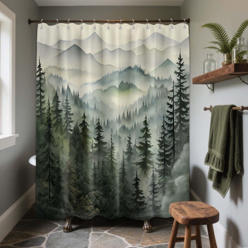 QGHOT Mountain Shower Curtain Green Forest Nature Shower Curtains for Bathroom Rustic Woodland Pine Tree Landscape Bath Decor Sets Waterproof Polyester Fabric with Hooks 70x72in