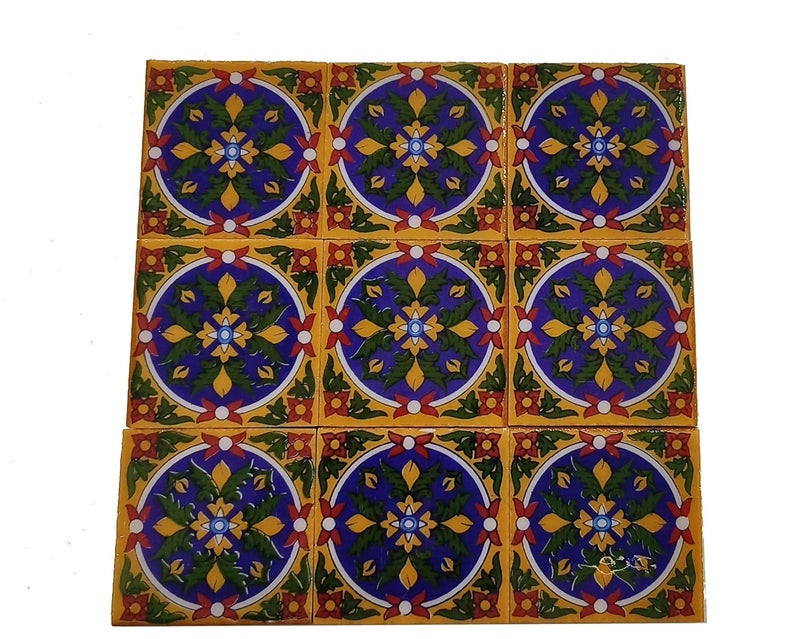 Shiv Kripa Blue Pottery Shiv Kripa Blue Pottery Home Decorative Ceramic Wall Hanging Tile Design Flooring Tiles Floral Kitchen Washroom Mosaic Furniture Tile Handmade Backsplash 2 x 2 Inches Pack of 9 Multicolor 
