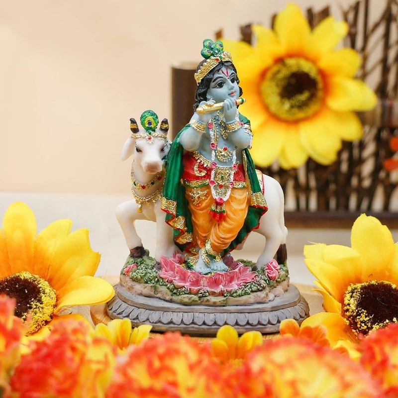 alikiki Handmade Lord Krishna Statue with Cow - 3.7" - Image 1