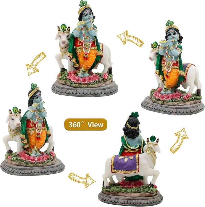 alikiki Handmade Lord Krishna Statue with Cow - 3.7" - Image 4