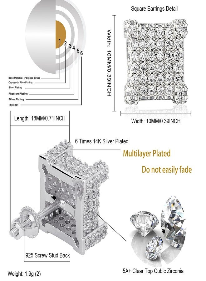 TOPGRILLZ Hip Hop Iced Out Big Square Flat Screen Block Screw Back Stud 925 Sterling Silver 4 and 9 Palaces Solitaires Zirconia Earring For Men - Image 2