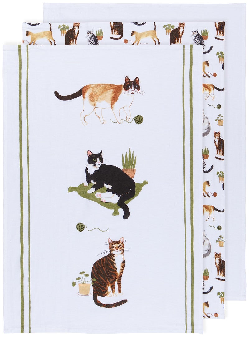Now Designs Floursack Kitchen Towels Quick Dry Cotton Hand Towel Set, 3 Count, Cat Collective, 20 x 30 in - Image 1