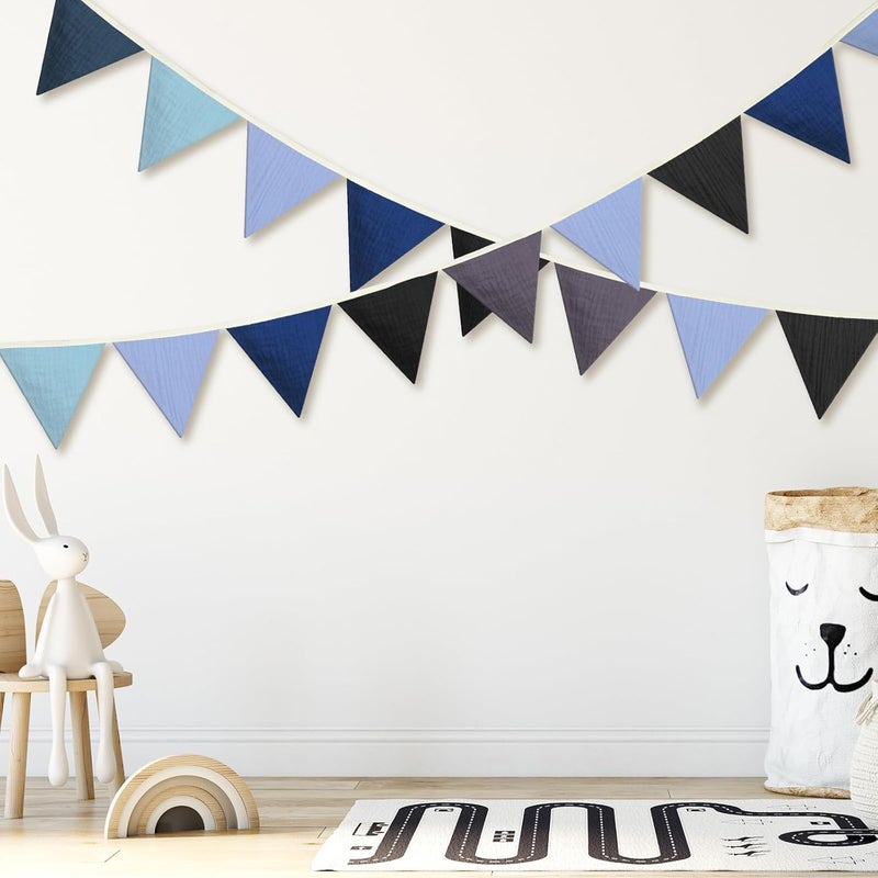 Oudain 2 Pcs Pennant Banner Flags Nursery Garland Triangle Bunting Flags Playroom Wall Decor Banner for Nursery Baby Shower Birthday Boho Wedding Party Event, Each 7.75 ft(Blue Color) - Image 3