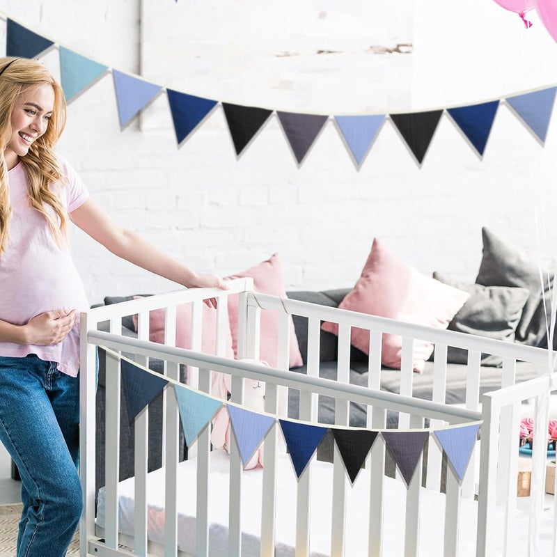 Oudain 2 Pcs Pennant Banner Flags Nursery Garland Triangle Bunting Flags Playroom Wall Decor Banner for Nursery Baby Shower Birthday Boho Wedding Party Event, Each 7.75 ft(Blue Color) - Image 5