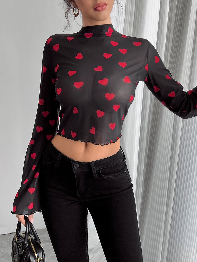 Ins 2026 New Women'S Mesh Printed Round Neck Flared Sleeve Long-Sleeve T-Shirt - Image 5
