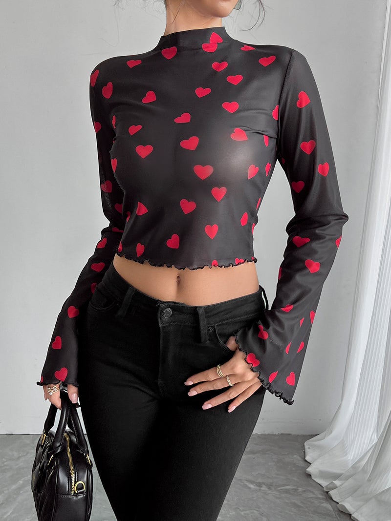 Ins 2026 New Women'S Mesh Printed Round Neck Flared Sleeve Long-Sleeve T-Shirt - Image 4