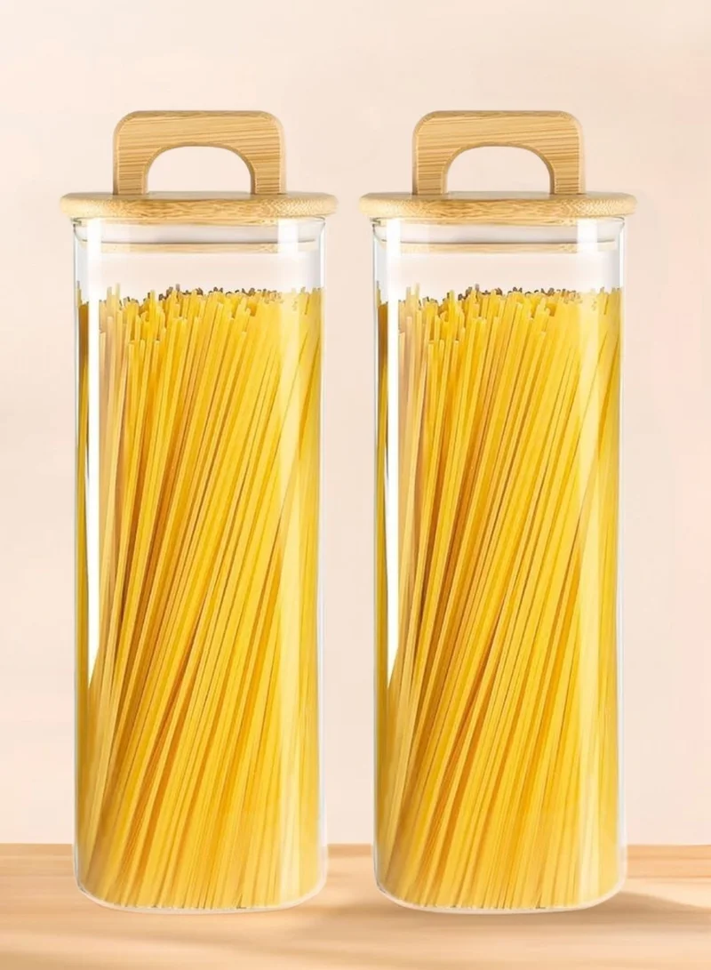 1Chase Square Glass Storage Jars with Acacia Wood Lids – Set of 2 (1500ml) Airtight Pantry Containers with Handle Lids for Pasta, Oats, Flour, Cookies, Coffee, Rice & More