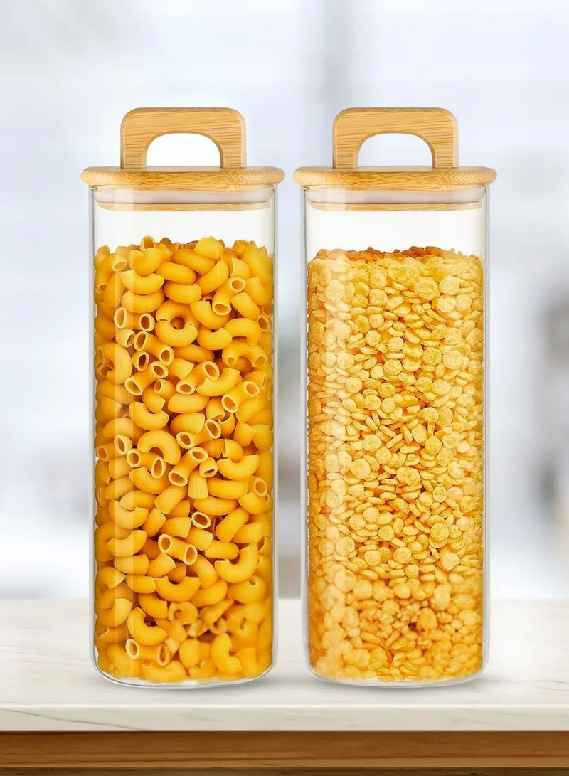 1Chase Square Glass Storage Jars with Acacia Wood Lids – Set of 2 (1500ml) Airtight Pantry Containers with Handle Lids for Pasta, Oats, Flour, Cookies, Coffee, Rice & More