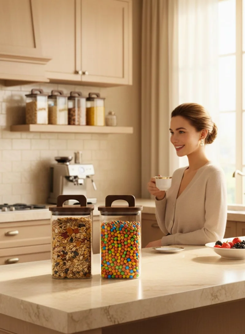 1Chase Square Glass Storage Jars with Acacia Wood Lids – Set of 2 (1500ml) Airtight Pantry Containers with Handle Lids for Pasta, Oats, Flour, Cookies, Coffee, Rice & More