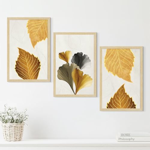 ArtX Paper Modern Art Wall Painting For Living Room,Drawing Room Decoration Big Size, Leaves Framed Painting for Wall Decoration, Mordern Wall Decor For Bedroom,Multicolor, 36.0 x 18.0 inches,Set Of 3 - Image 1