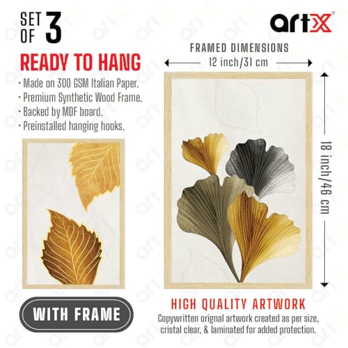 ArtX Paper Modern Art Wall Painting For Living Room,Drawing Room Decoration Big Size, Leaves Framed Painting for Wall Decoration, Mordern Wall Decor For Bedroom,Multicolor, 36.0 x 18.0 inches,Set Of 3 - Image 2