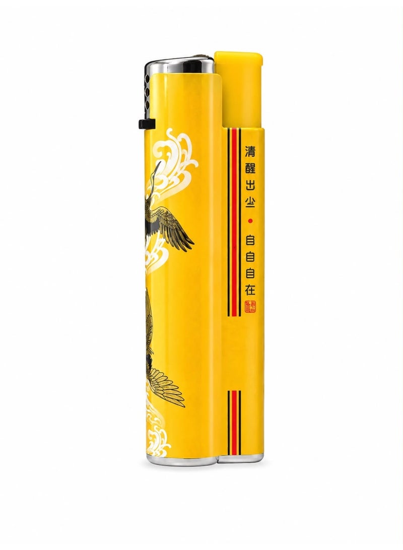 Large Chinese Style Refillable Butane Lighter – Golden Crane Design, Windproof Torch Lighter, Yellow