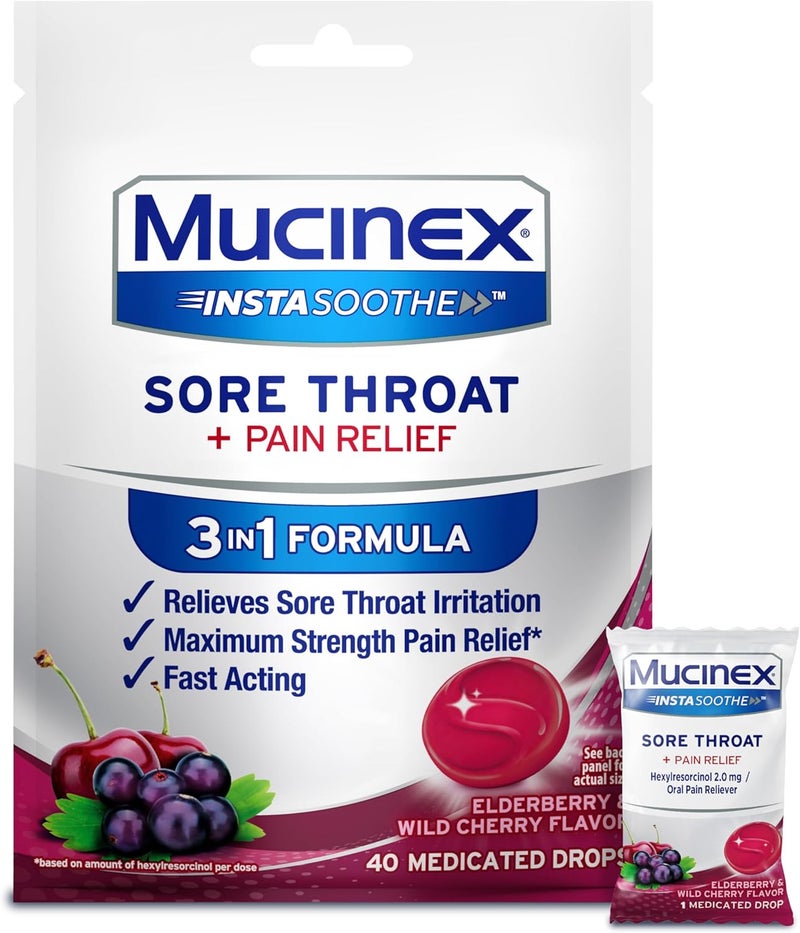 MUCINEX إنستاسوتhe لتخفيف التهاب الحلق حبوب مص لالتهاب الحلق دواء التهاب الحلق مع هيكسيلريسورسينول بديل قطرات السعال 40 حبة من توت البلسان والكرز البري المخدرة لالتهاب الحلق - Image 1