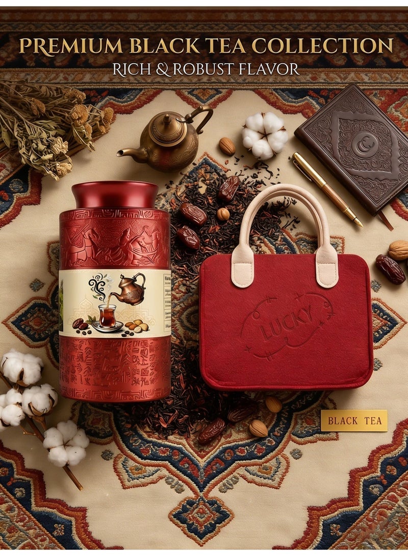 مجموعة هدية شاي أسود أوراق سائبة فاخرة في علبة معدنية 270 جرام مع كيس هدية أنيق - تغليف احتفالي فاخر - Image 1