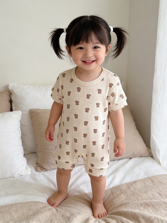 Babies Basic Premium Ribbed Cotton Short Sleeves Printed Romper - Image 3