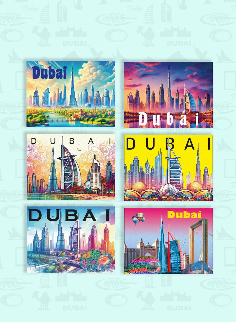 Souvenir Souq Dubai Foil Fridge Magnets 6pcs Set crafted from vibrant metallic foil, showcasing Burj Al Arab landmark—ideal Dubai gift or collectible. - Image 1