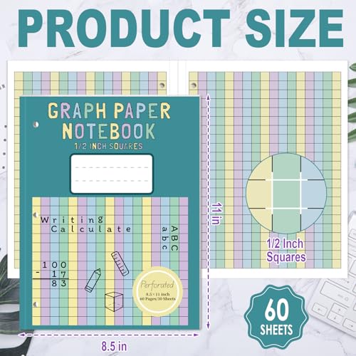 SKLENICE 2 Pack Colored Graph Paper Notebook 8.5"x 11" Large Square Graph Paper for 3 Ring Binder 1/2 Inch Squares Math Grid Notebook 3 Hole Punch Graph Writing Paper for Kids School Dyslexia Dysgraphia - Image 2